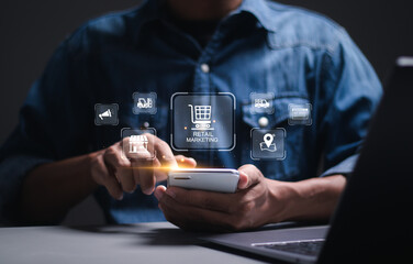 Omni channel technology of online retail business concept. Person use smartphone with virtual retail marketing icon for channel E-commerce shopping. online retail shopping and omni digital app.