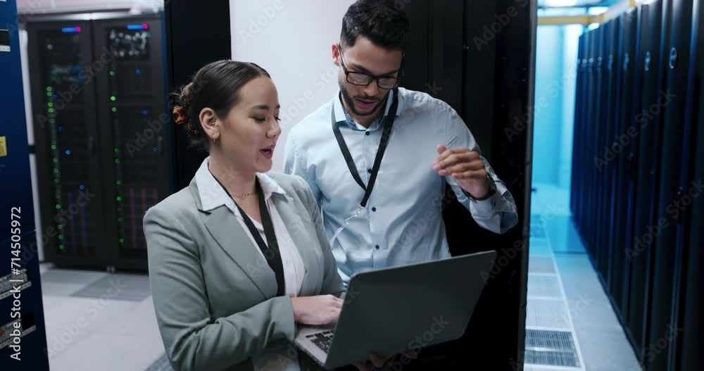 Aufkleber Engineering team, laptop and server room for cloud computing, programming or hardware solution. Technician, people or man and woman in data center for information technology advice or computer coding