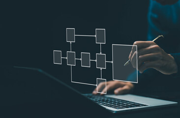 businessman using computer show diagram algorithm flow, organigram, hierarchy scheme. design...