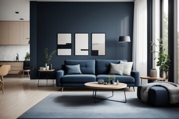 Fototapeta premium scandinavian Interior home design of modern living room with dark blue sofa and round table in the apartment