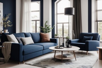 scandinavian Interior home design of modern living room with dark blue sofa and round table in the apartment