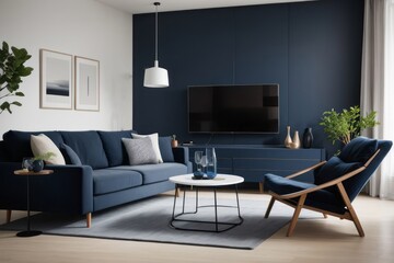 Fototapeta premium scandinavian Interior home design of modern living room with dark blue sofa and round table in the apartment