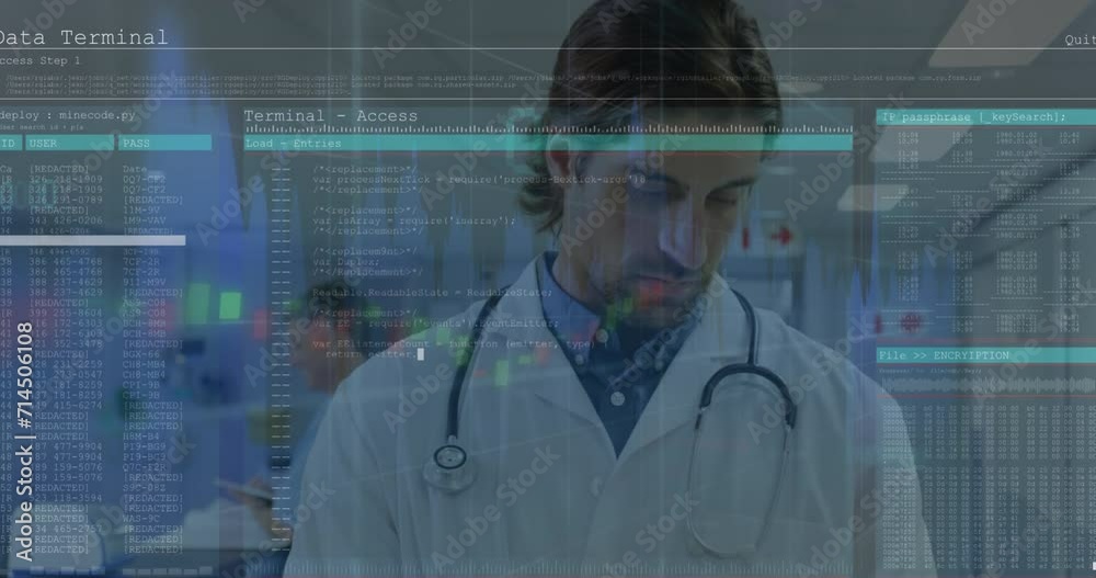 Poster animation of computer interface, computer language, graph over caucasian doctor writing in notepad