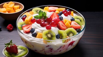 Summer dessert with fresh berries and cream in glass trifle bowl ai generated images