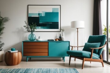 Fototapeta premium Interior home design of modern living room with dark turquoise lounge chair and wooden chest of drawers with abstract art poster frame on white wall