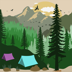 Adventure Camping Evening Scene with a group of birds flying