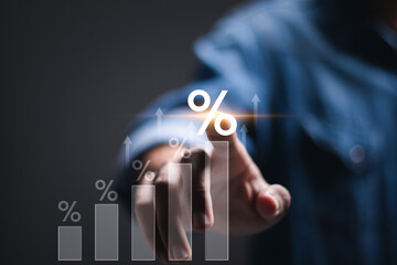 Businessman touch virtual up arrow icon and percentage to analyzing company's business financial...