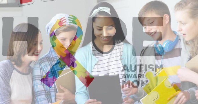 Animation of falling puzzle pieces, hope and autism awareness month, diverse children using tablet - Powered by Adobe