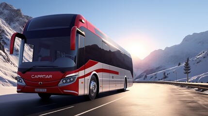 Tourist red bus on the road highway Very fast driving Touristic and travel concept 3d rendering ai generative images - obrazy, fototapety, plakaty
