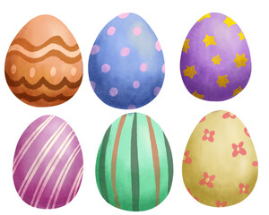 cute watercolor crayon illustration style clip art set collection of various pattern eggs for easter day
