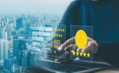best feedback customer, icon happy smile. 5-star rate review of client. concept service of the user...