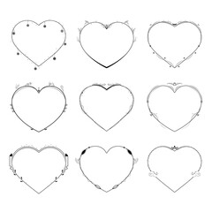 Set Abstract Collection Hand Drawn Frame Heart With Plants Doodle 14 February Holiday Concept Vector Design Outline Style On White Background Isolated Letter, Message, Mail, Cards, Posters