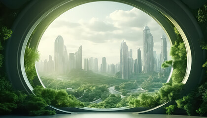 Fototapeta na wymiar Round window on the green city of the future , Environmental eco safe Conservation