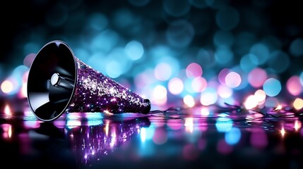 Glittering Party Megaphone on Bokeh Background with Copy space available