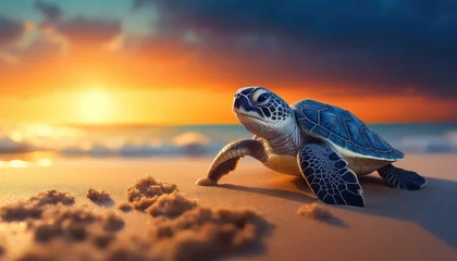 Fotobehang Little turtle on clean beach at sunset , Environmental eco safe Conservation © terra.incognita