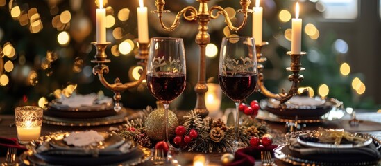 Festive Christmas dining table with bronze candelabra, gilded wine glasses, and candlelight ambiance.