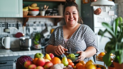 Happy plus size woman standing with fruits for making healthy food in kitchen. - obrazy, fototapety, plakaty
