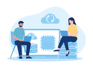 Fototapeta premium people are backing up server data concept flat illustration