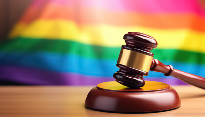 Judge's gavel on the background of the rainbow flag lgbt law ban - obrazy, fototapety, plakaty