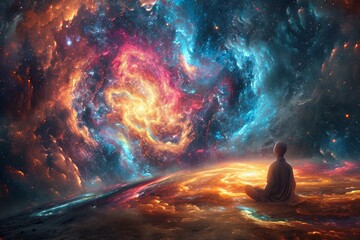 Mystical illustration of a person in cosmic meditation - obrazy, fototapety, plakaty