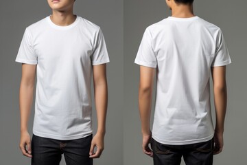 Front and back view of a plain white t shirt on a male model - obrazy, fototapety, plakaty