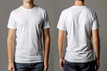 Front and back view of a plain white t shirt on a male model