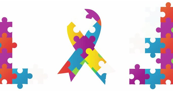 Animation of multi coloured puzzle pieces and ribbon over white background