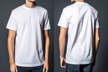 Front and back view of a plain white t shirt on a male model