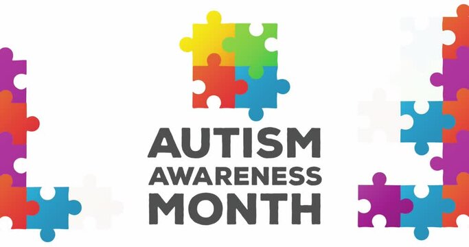 Animation of multi coloured puzzle pieces and autism awareness month text
