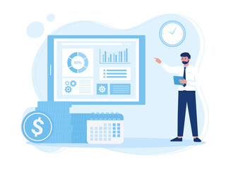 man with tablet analyzing infographics. diagram  bar chart  report concept flat illustration