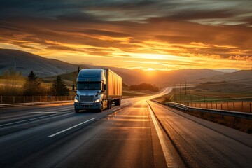 Semi truck driving on highway during sunset in mountainous area