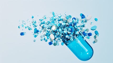 blue background,Drug compression technology, drug effect, drug composition concept