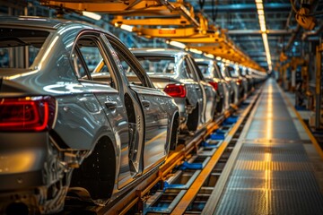 Automobile production line with modern cars