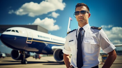 A confident young pilot wearing sunglasses standing next to an airliner against a blue sky on a sunny day at the airport.