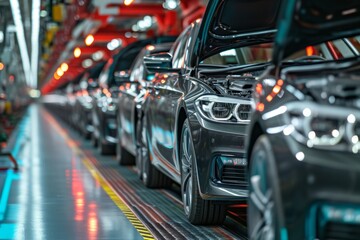 Automobile production line with modern cars - obrazy, fototapety, plakaty