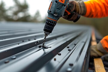 Capture the essence of roofing construction with our image showcasing an electric drill in action on a new roof with metal sheets. Witness skilled workers installing a modern roof.