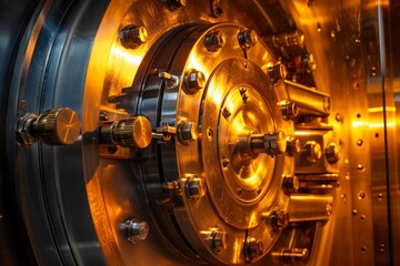 High security bank vault door illuminated in golden light