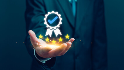 Businessman presents a glowing five-star rating and quality assurance certificate badge, certificate service excellence. Best warranty ISO standard and guarantee review. Business Marketing