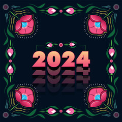 Happy New Year 2024 lettering design. With colorful rickshaw painting illustrations in the background.