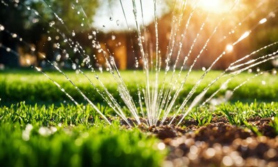 Un arroseur automatique qui arrose la pelouse d'un jardin.