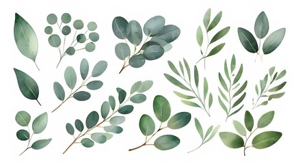 Naklejka premium set of olive tree branch , water-colour on white screen