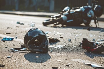 A tragic scene of a motorcycle accident with the bike lying on the road and a helmet and other personal items scattered around.