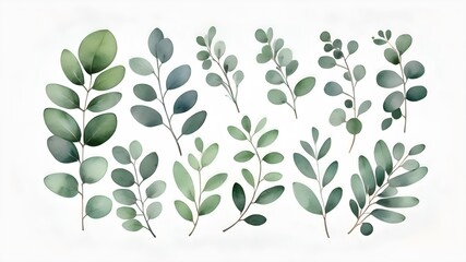 set of olive tree branch , water-colour on white screen