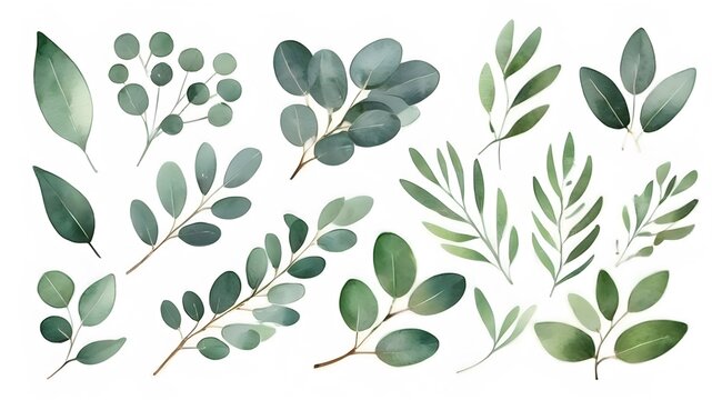 set of olive tree branch , water-colour on white screen