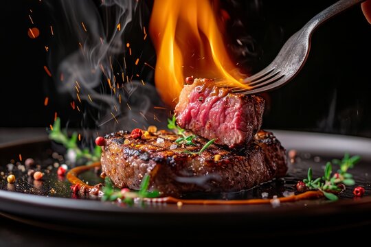 An enticing image of a steak on fire on a plate, with a fork picking a piece, showcasing a culinary delight.