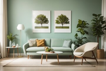 Fototapeta premium Scandinavian Interior home design of modern living room with green sofa chairs and round table with green wall with art frame poster
