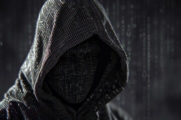 A hooded figure with a digital code covered face, evoking themes of cybersecurity and anonymity.