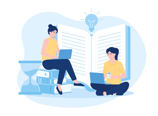 two women working on a laptop concept flat illustration