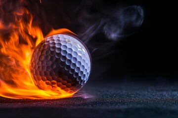 A golf ball on fire against a black background, symbolizing speed, power, or a dynamic action in sports.