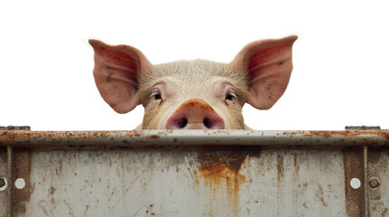 sad pig looking through gap in steel gate - Powered by Adobe